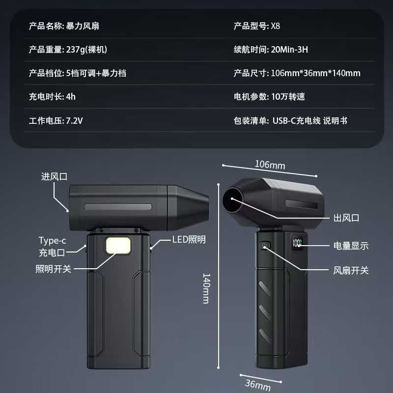 Violent Fan, new handheld powerful turbo fan, Zhongheng ultra-high-speed fan, car snow-blowing rechargeable fan detail image 3