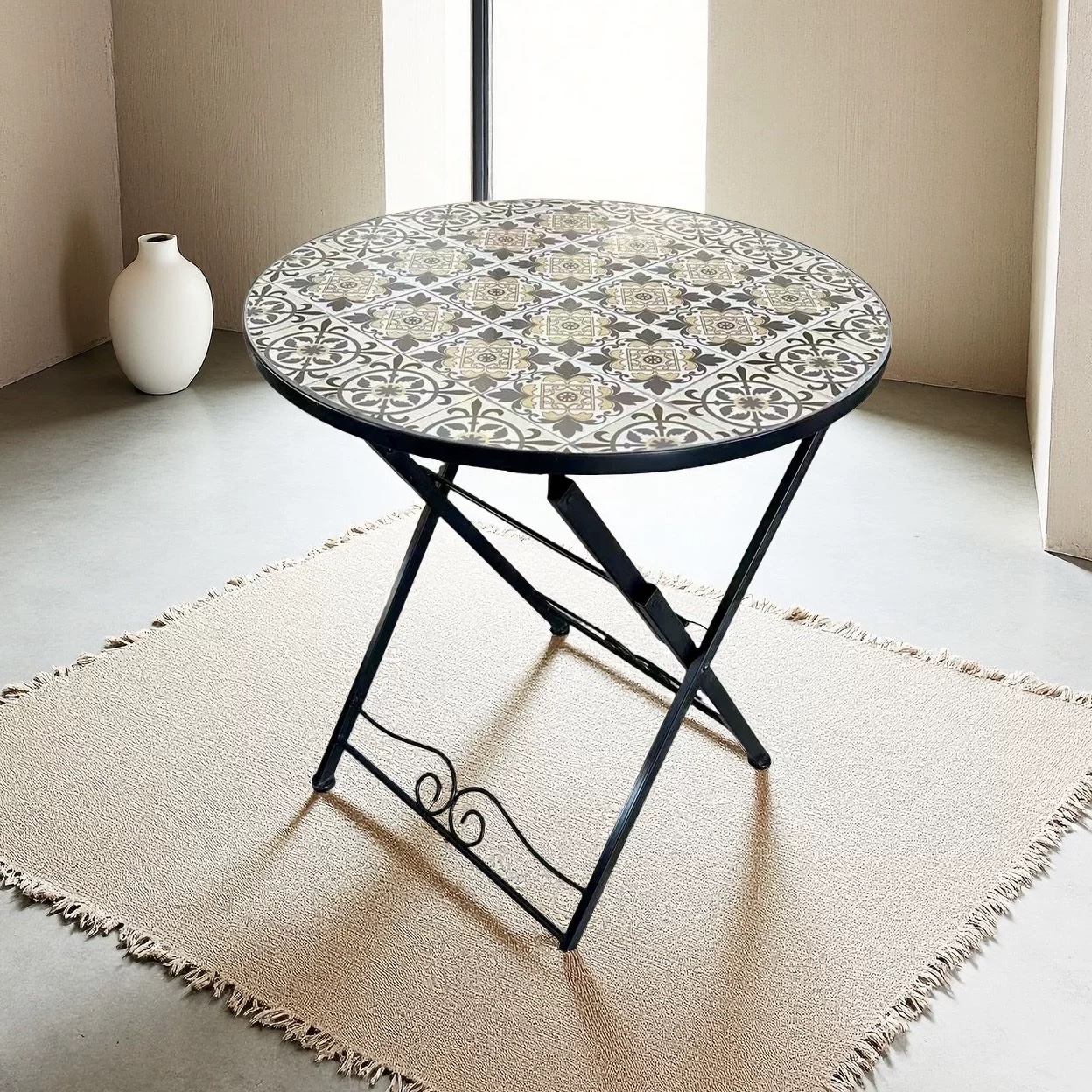 马赛克折叠圆桌铁艺水泥花园庭院休闲桌家用阳台茶几桌产品图