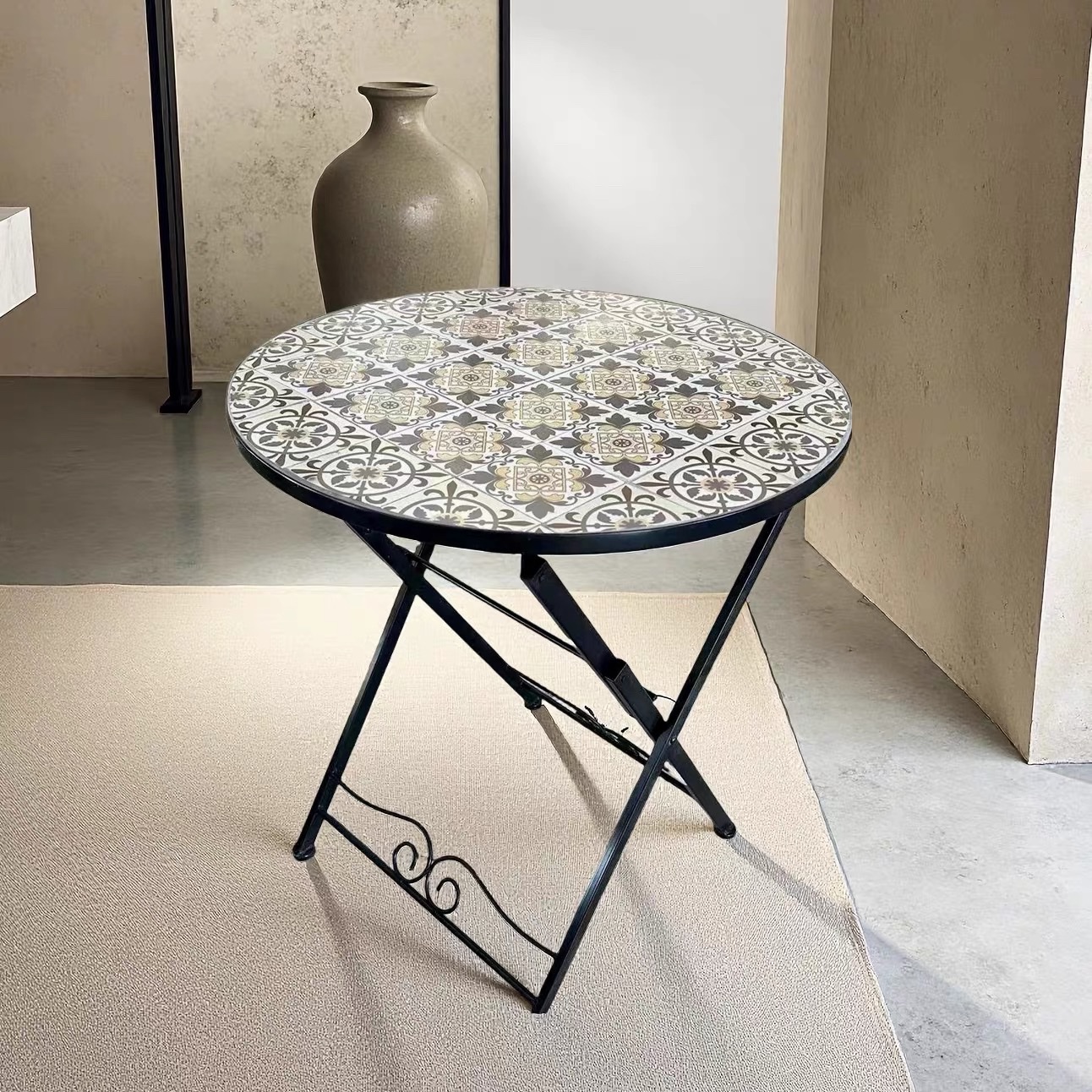 马赛克折叠圆桌铁艺水泥花园庭院休闲桌家用阳台茶几桌