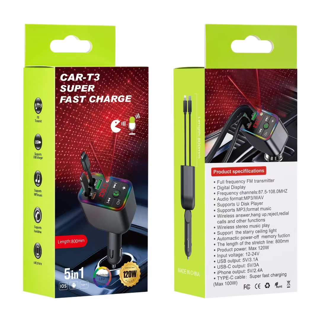 The car Bluetooth receiver plays lossless audio quality, retractable cable charging, super fast charging, and USB flash drive conversion Application Scenario