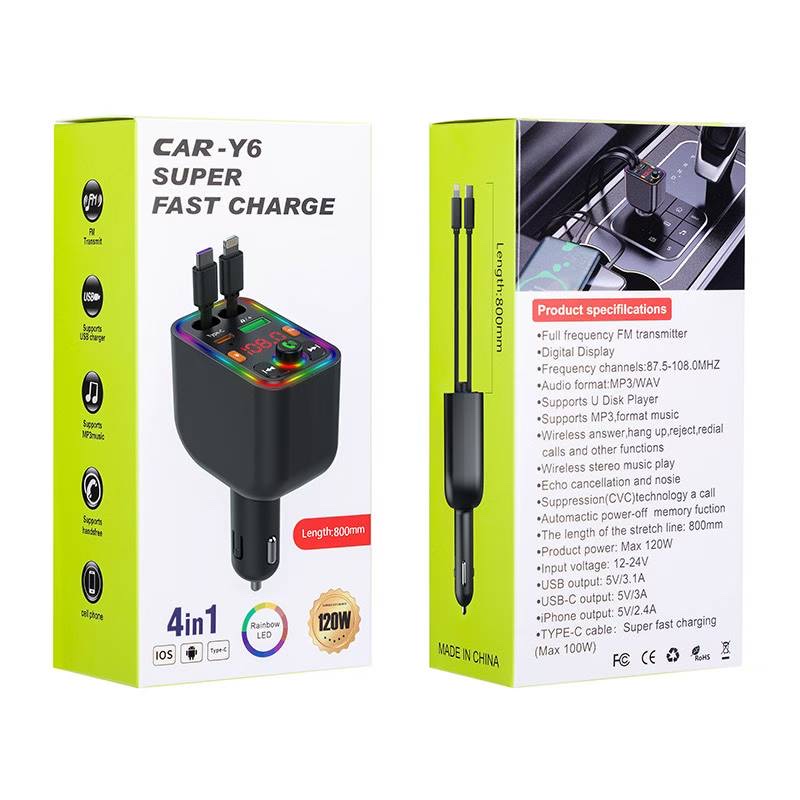 Built-in telescopic cable, PD super fast charging, digital display car charger, Bluetooth car mp3 player, fm transmitter Specification image