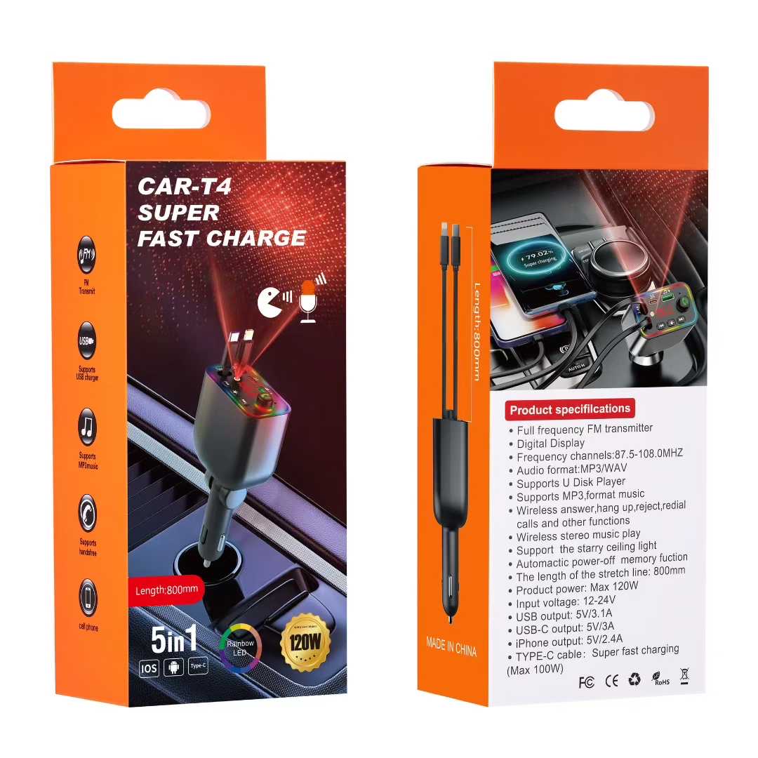 The car Bluetooth receiver plays lossless audio quality, retractable cable charging, super fast charging, and USB flash drive conversion Specification image