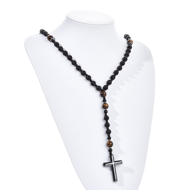 The new cross-border obsidian volcanic tiger's eye hematite cross religious men's necklace and necklace from Europe and America are selling well Specification image