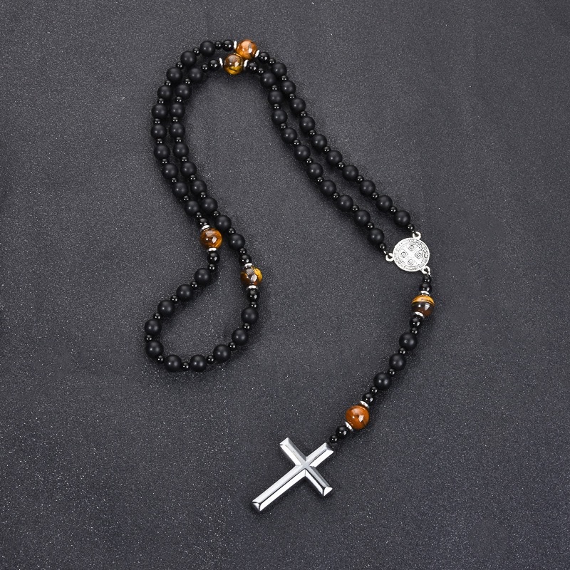 The new cross-border obsidian volcanic tiger's eye hematite cross religious men's necklace and necklace from Europe and America are selling well Item Picture
