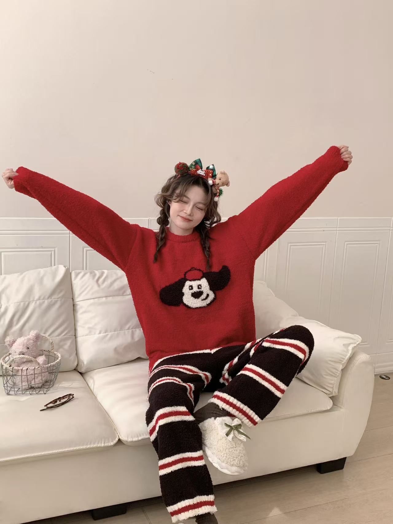 圆领大耳狗女睡衣双面半边绒fluffy yarn秋冬季成套睡衣温暖柔软透气休闲家居服可外穿Women's 