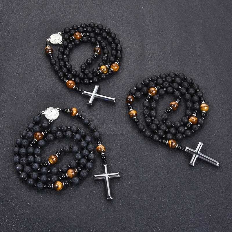 The new cross-border obsidian volcanic tiger's eye hematite cross religious men's necklace and necklace from Europe and America are selling well details Picture