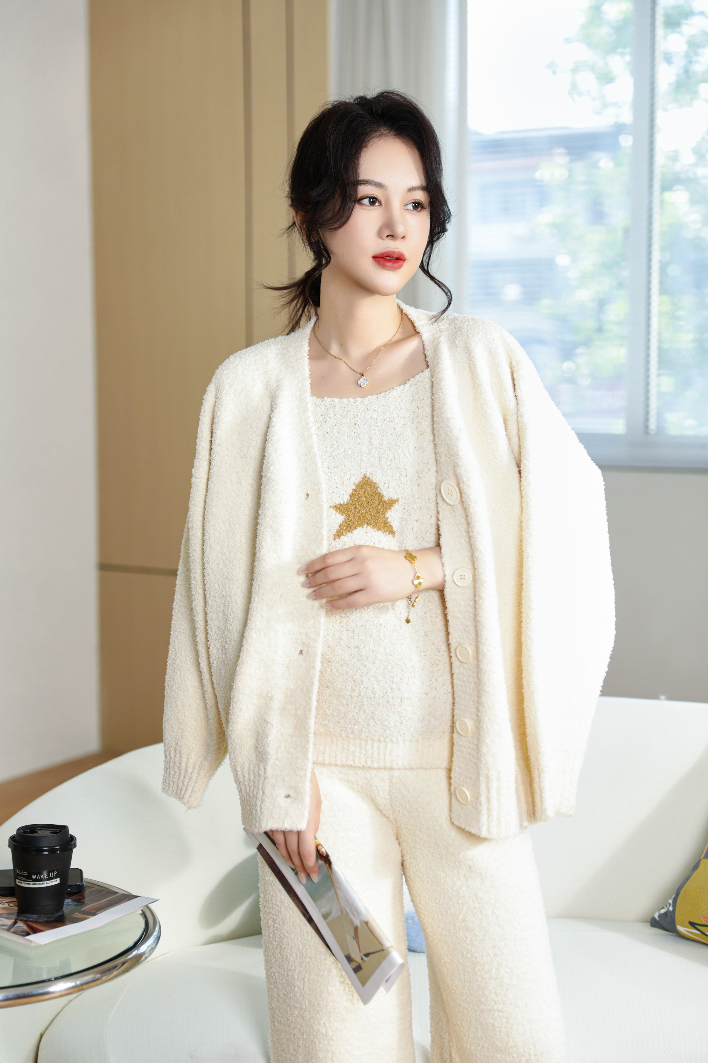 开衫纯色三件套女睡衣双面半边绒fluffy yarn秋冬季睡衣保暖亲肤透气柔软家居服可外穿 Women's 