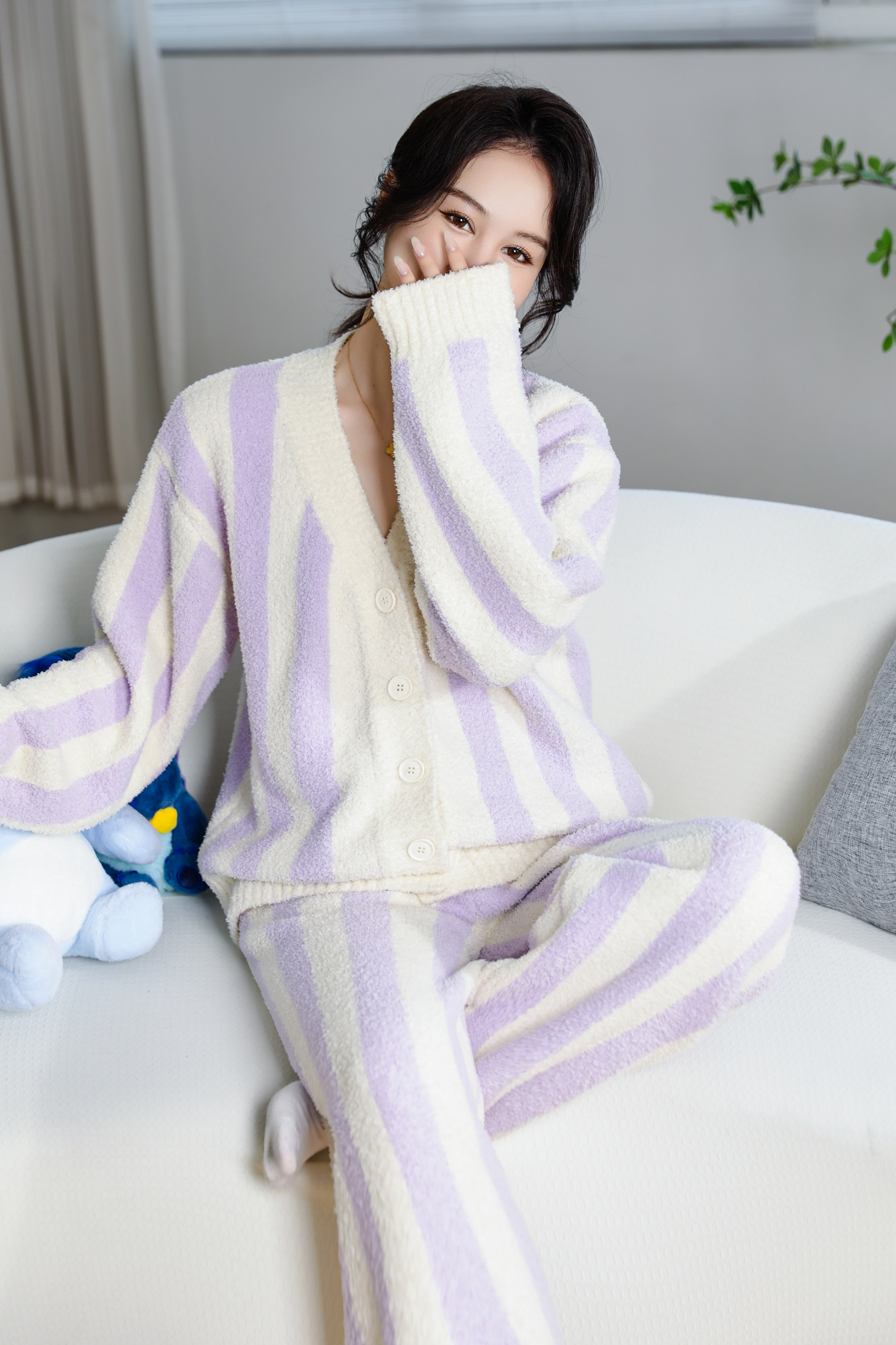 V领开衫竖条纹女睡衣双面半边绒fluffy yarn秋冬季成套休闲家居服女款保温亲肤柔软透气舒适套装可外穿Women's