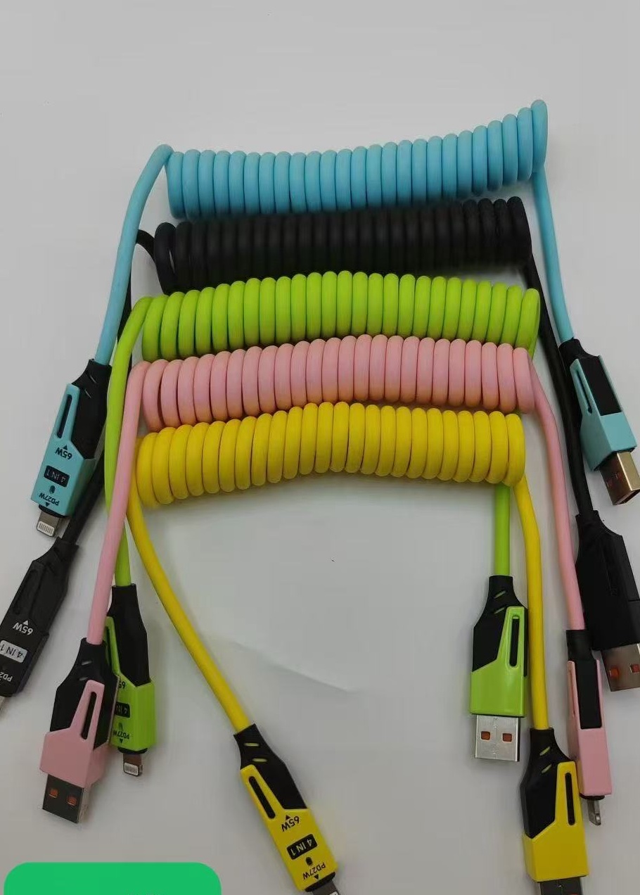 Spring telescopic four-in-one fast charging cable, portable and multi-functional, convenient for car 65W data cable details Picture