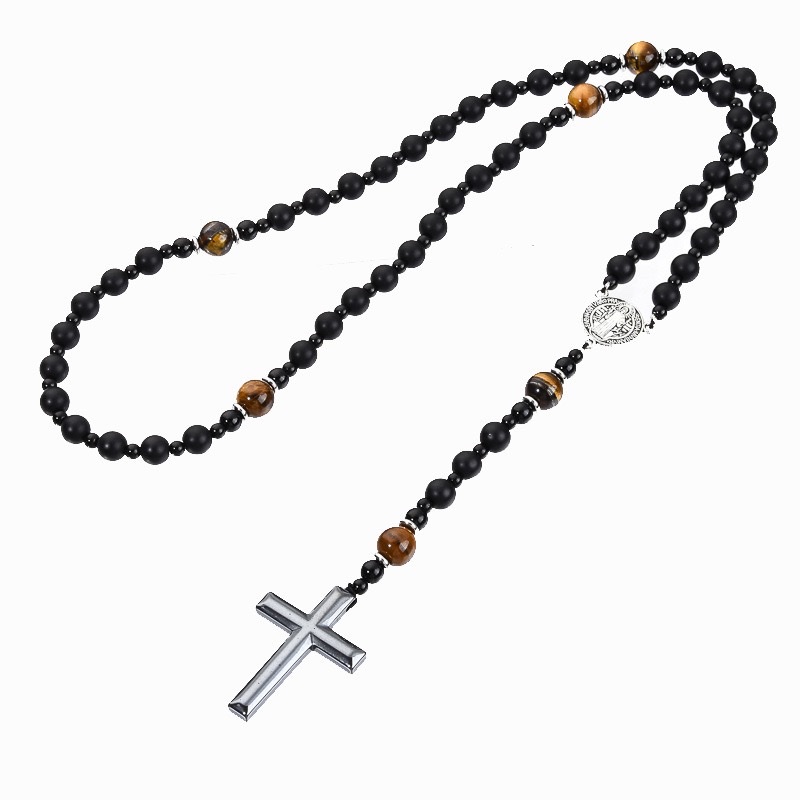 The new cross-border obsidian volcanic tiger's eye hematite cross religious men's necklace and necklace from Europe and America are selling well Application Scenario