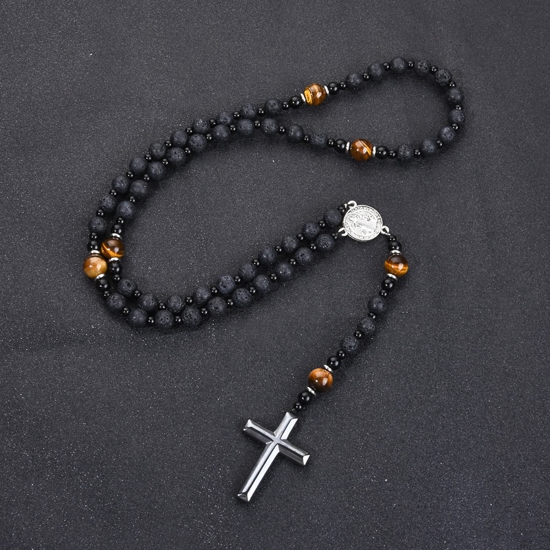 The new cross-border obsidian volcanic tiger's eye hematite cross religious men's necklace and necklace from Europe and America are selling well The new cross-border obsidian volcanic tiger's eye hematite cross religious men's necklace and necklace from Europe and America are selling well