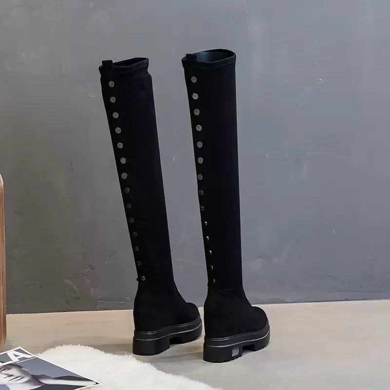 内增高厚底秋冬季厚底加绒舒适过膝靴女韩版铆钉显瘦不过膝马丁靴新款白底实物图