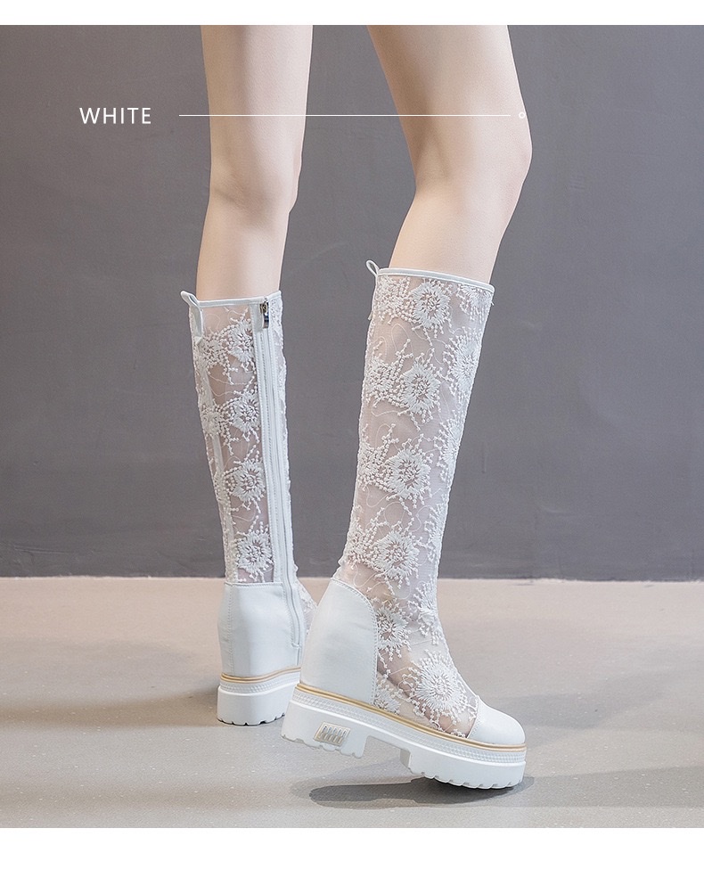 白色网纱刺绣女士百搭凉靴时尚休闲女款春夏潮流内增高厚底不过膝长靴2026春详情图11