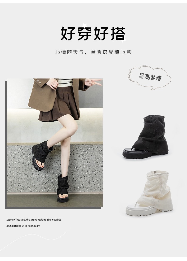 欧美风设计感夏牛仔布夹趾堆堆袜靴露趾时尚厚底凉靴凉鞋详情图3