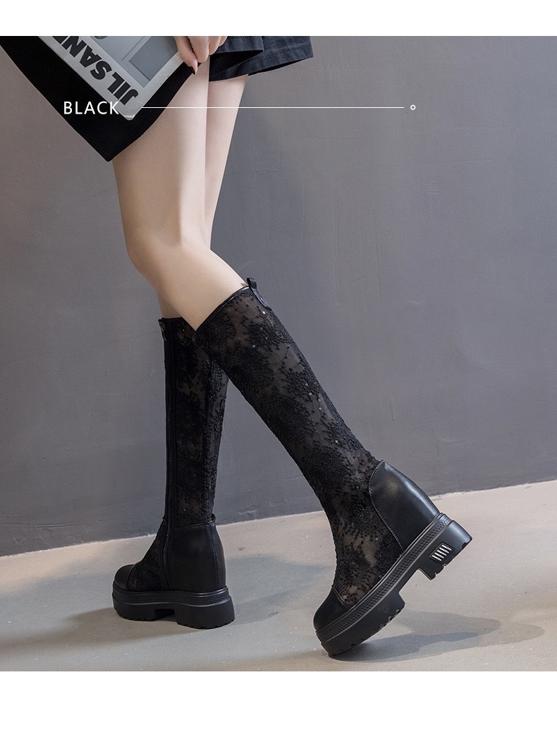 白色网纱刺绣女士百搭凉靴时尚休闲女款春夏潮流内增高厚底不过膝长靴2026春详情图9