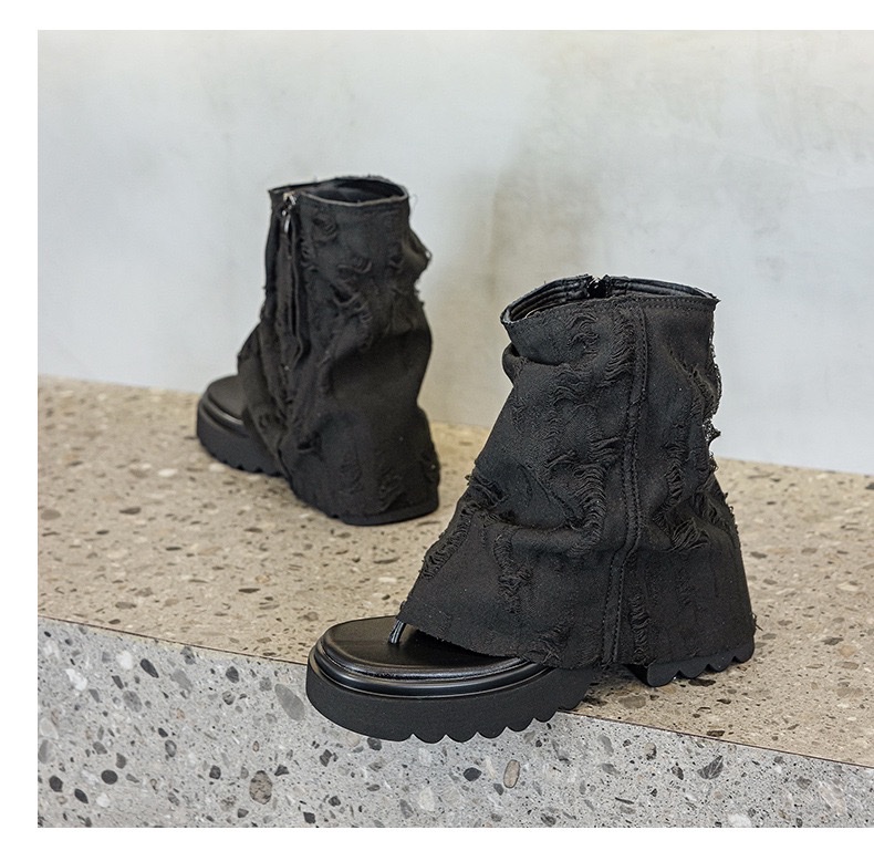 欧美风设计感夏牛仔布夹趾堆堆袜靴露趾时尚厚底凉靴凉鞋详情图18