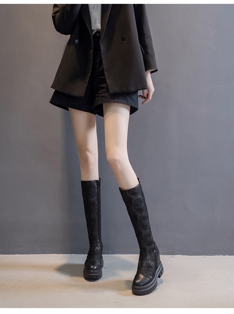 白色网纱刺绣女士百搭凉靴时尚休闲女款春夏潮流内增高厚底不过膝长靴2026春详情图4