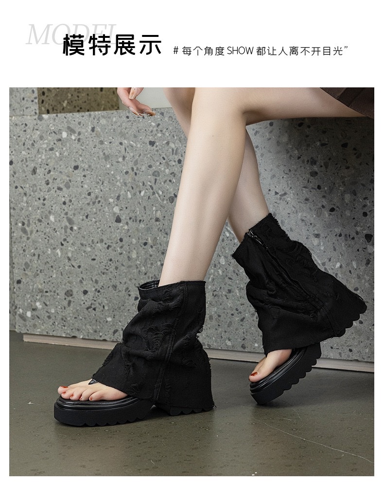 欧美风设计感夏牛仔布夹趾堆堆袜靴露趾时尚厚底凉靴凉鞋详情图10