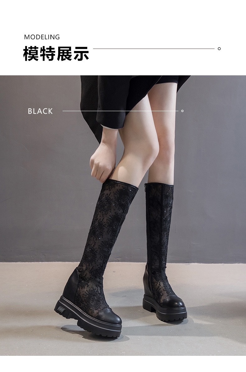 白色网纱刺绣女士百搭凉靴时尚休闲女款春夏潮流内增高厚底不过膝长靴2026春详情图7