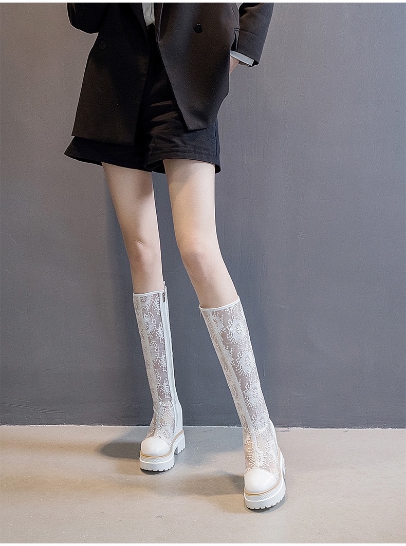 白色网纱刺绣女士百搭凉靴时尚休闲女款春夏潮流内增高厚底不过膝长靴2026春详情图3