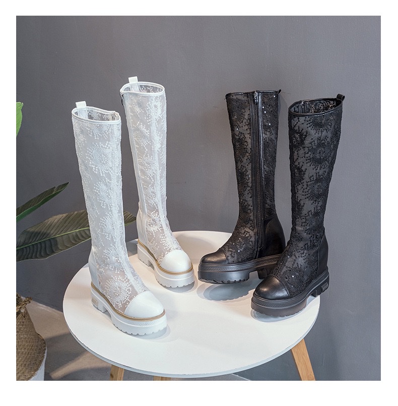 白色网纱刺绣女士百搭凉靴时尚休闲女款春夏潮流内增高厚底不过膝长靴2026春详情图18