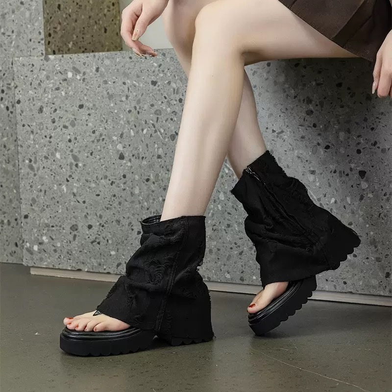 欧美风设计感夏牛仔布夹趾堆堆袜靴露趾时尚厚底凉靴凉鞋