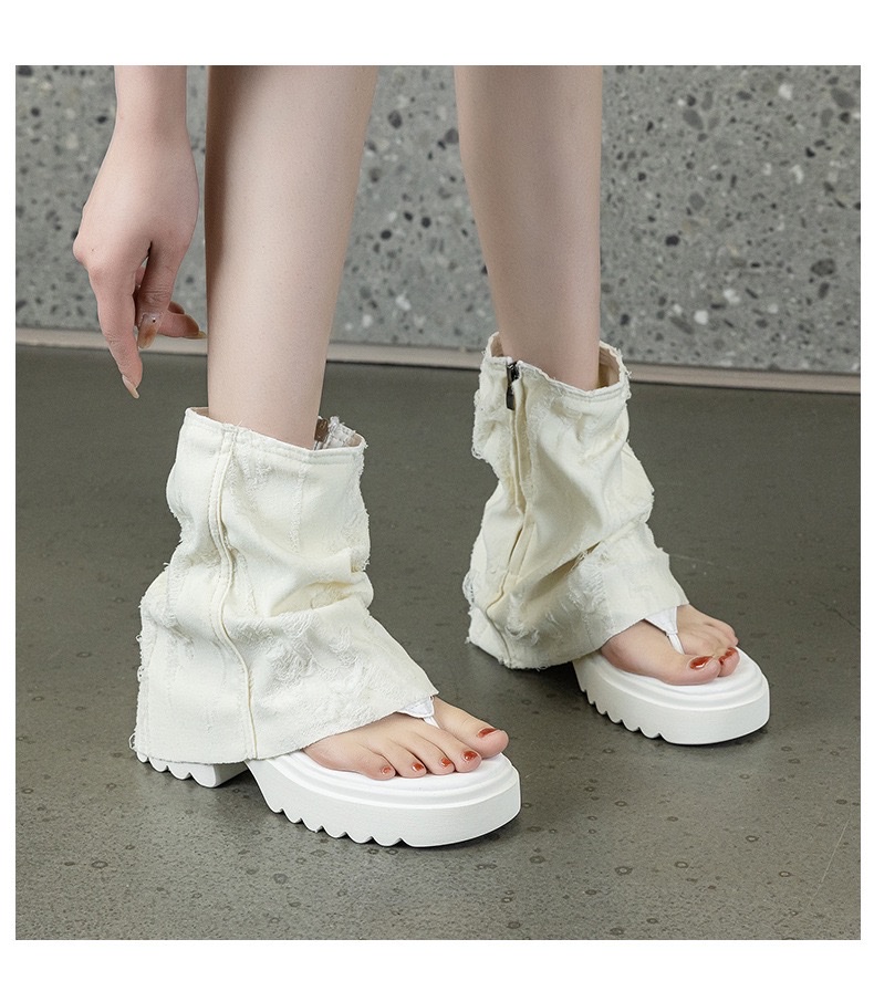 欧美风设计感夏牛仔布夹趾堆堆袜靴露趾时尚厚底凉靴凉鞋详情图16