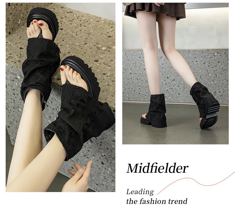 欧美风设计感夏牛仔布夹趾堆堆袜靴露趾时尚厚底凉靴凉鞋详情图11