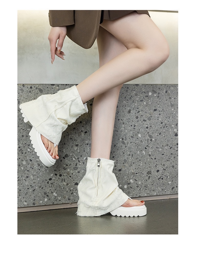 欧美风设计感夏牛仔布夹趾堆堆袜靴露趾时尚厚底凉靴凉鞋详情图13