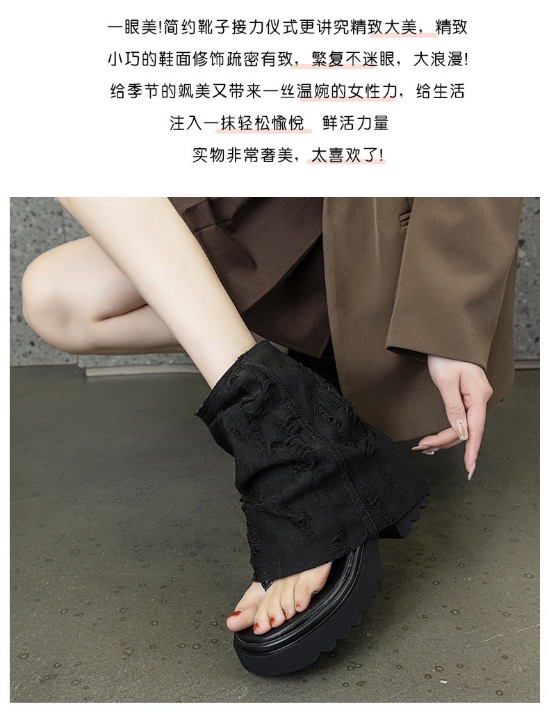 欧美风设计感夏牛仔布夹趾堆堆袜靴露趾时尚厚底凉靴凉鞋详情图5