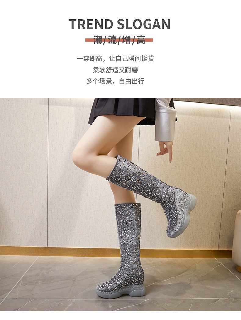 时尚复古内增高骑士靴秋冬加绒铺跟厚底高跟女靴时尚亮片单靴详情图4