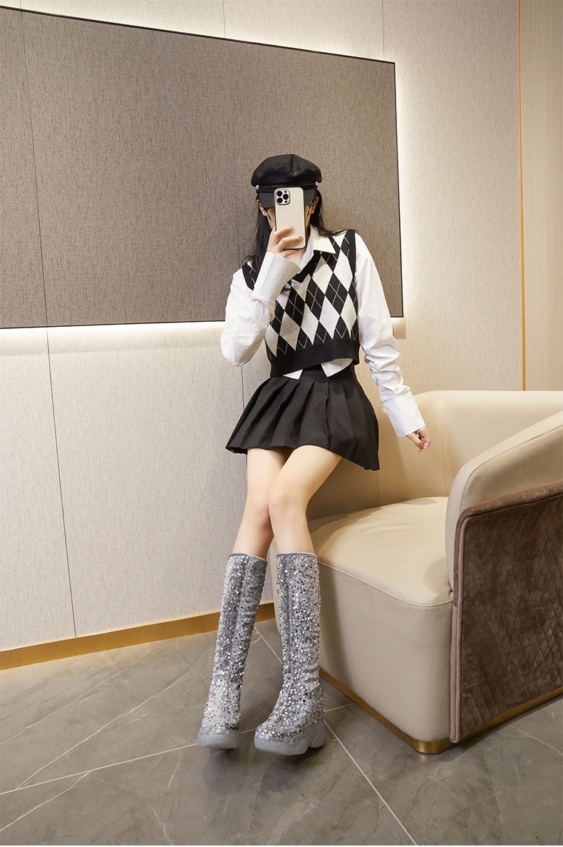 时尚复古内增高骑士靴秋冬加绒铺跟厚底高跟女靴时尚亮片单靴详情图19