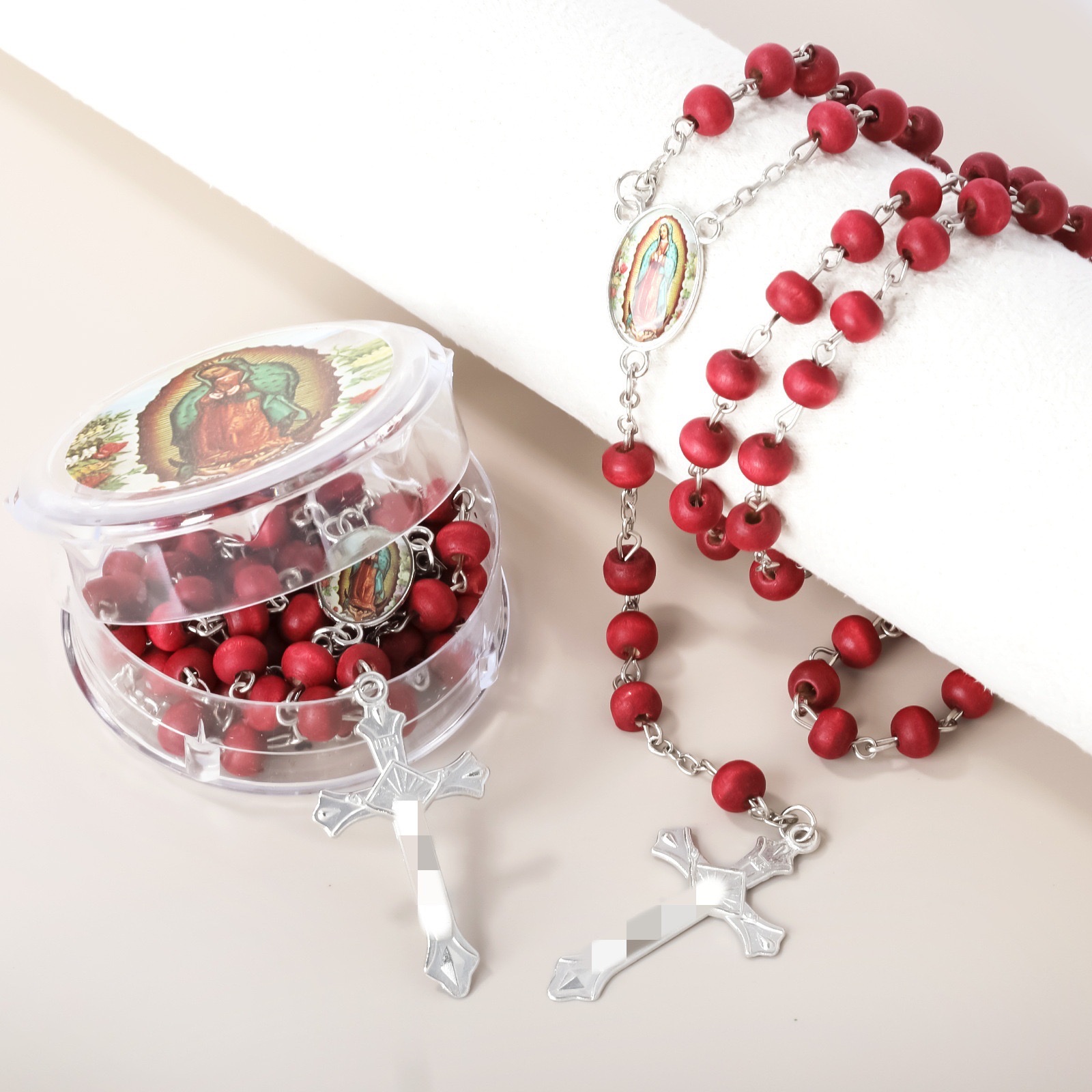 6mm scented wood bead cross necklace, long religious prayer and baptism prayer beads, red Rosary cross-border new product details Picture