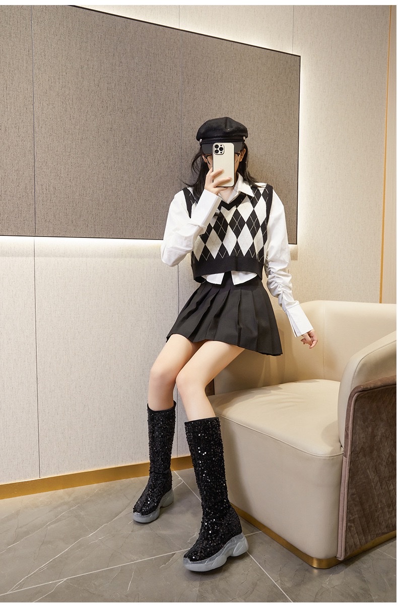 时尚复古内增高骑士靴秋冬加绒铺跟厚底高跟女靴时尚亮片单靴详情图14