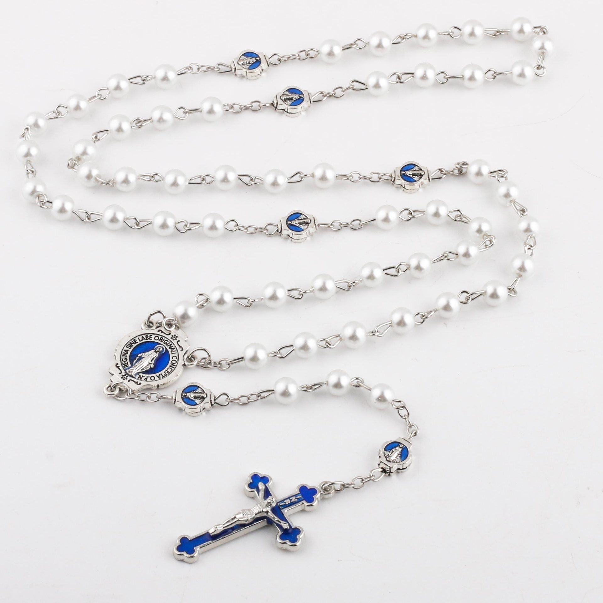 跨境热卖项链复古宝蓝色合金十字吊坠Rosary Beads串珠项链 细节图