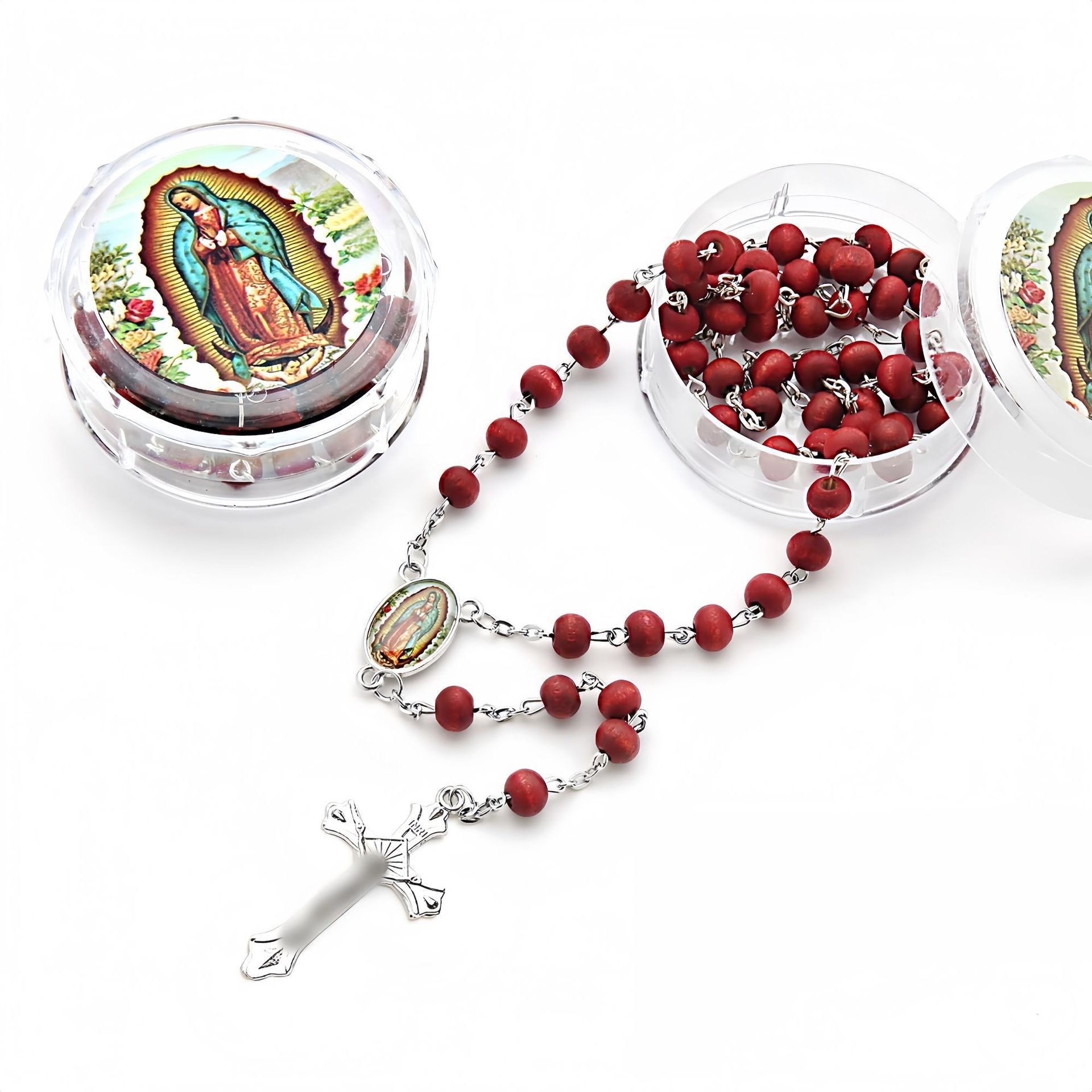 6mm scented wood bead cross necklace, long religious prayer and baptism prayer beads, red Rosary cross-border new product