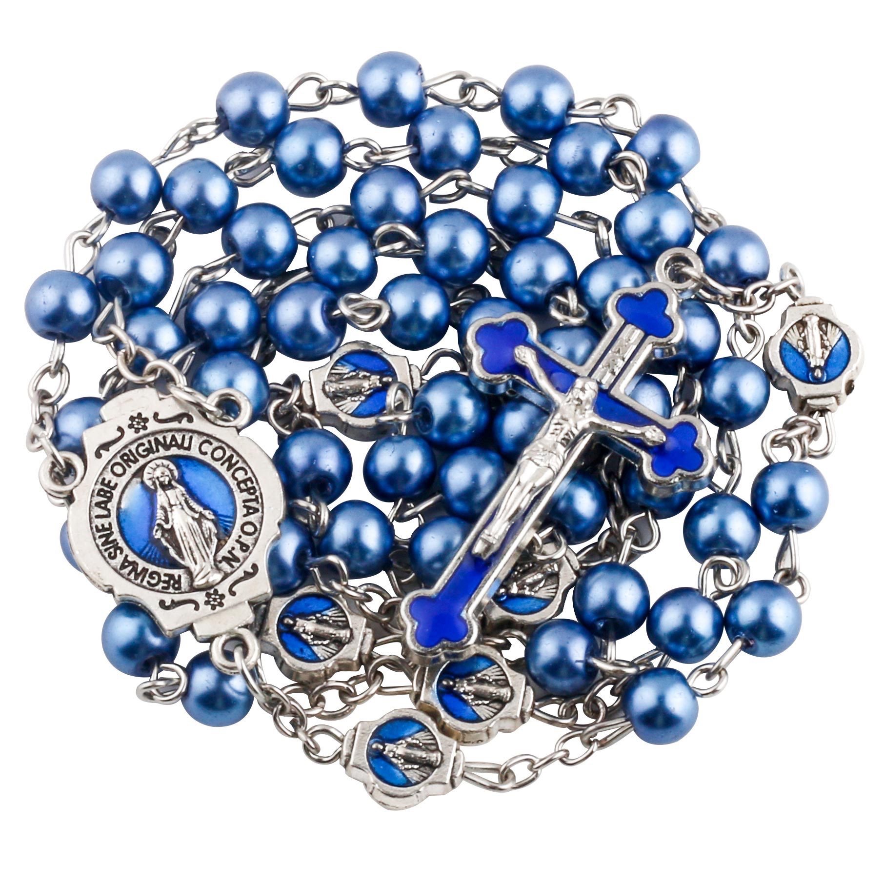 跨境热卖项链复古宝蓝色合金十字吊坠Rosary Beads串珠项链 白底实物图