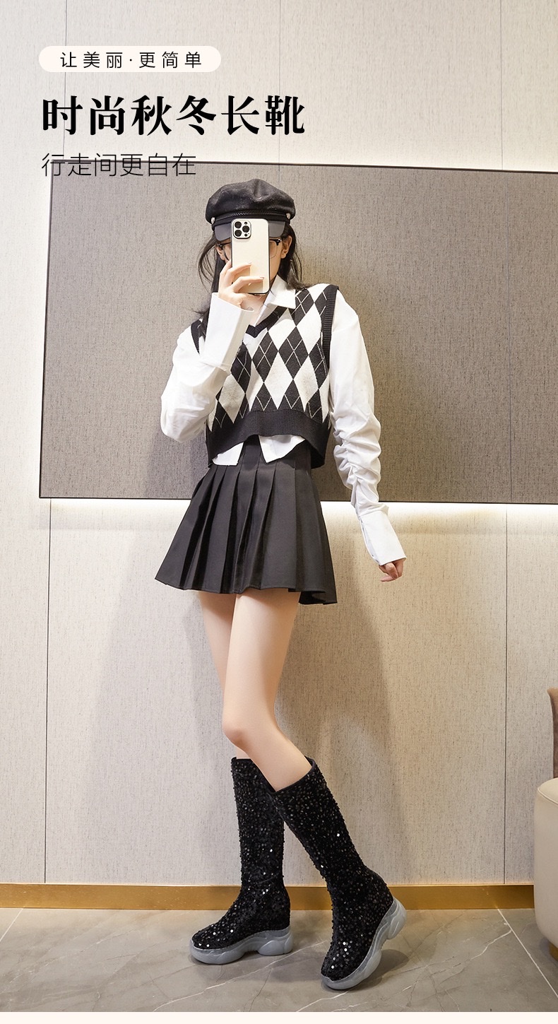 时尚复古内增高骑士靴秋冬加绒铺跟厚底高跟女靴时尚亮片单靴详情图2