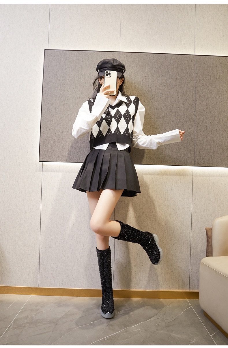 时尚复古内增高骑士靴秋冬加绒铺跟厚底高跟女靴时尚亮片单靴详情图13