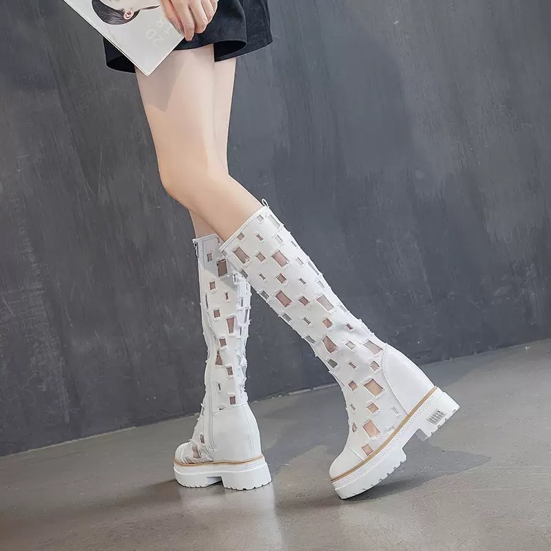 内增高镂空透气性感凉靴女圆头厚底时尚网靴子不过膝高靴细节图