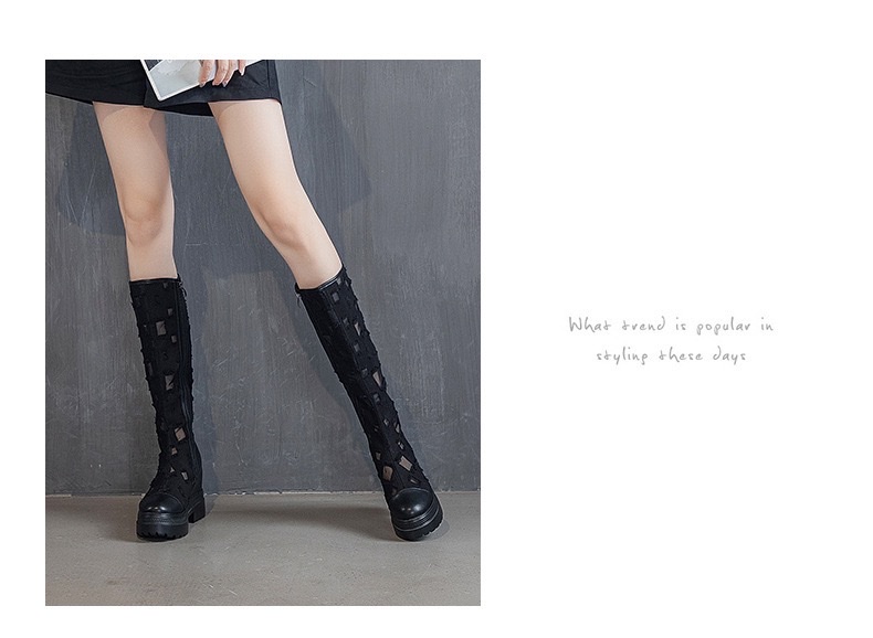 内增高镂空透气性感凉靴女圆头厚底时尚网靴子不过膝高靴详情图11