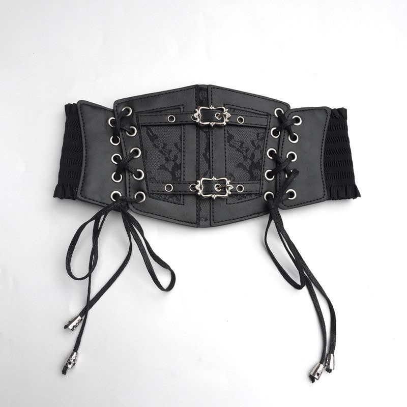 Black lace-tied leather waistband for women's fashionable decoration, wide belt waistband with elastic and tight waist full figure