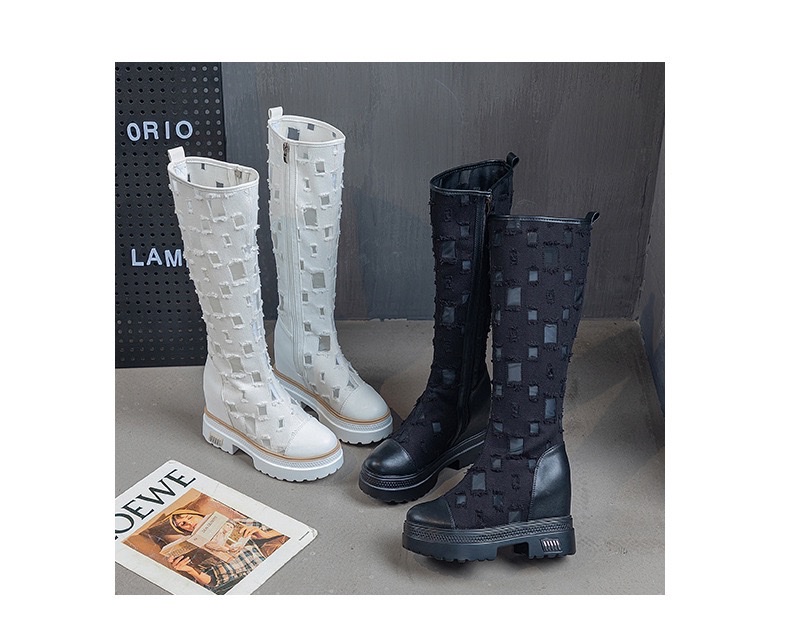 内增高镂空透气性感凉靴女圆头厚底时尚网靴子不过膝高靴白底实物图