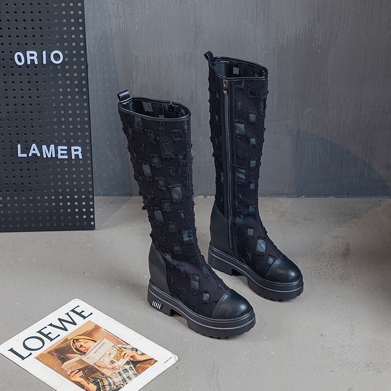 内增高镂空透气性感凉靴女圆头厚底时尚网靴子不过膝高靴详情图15