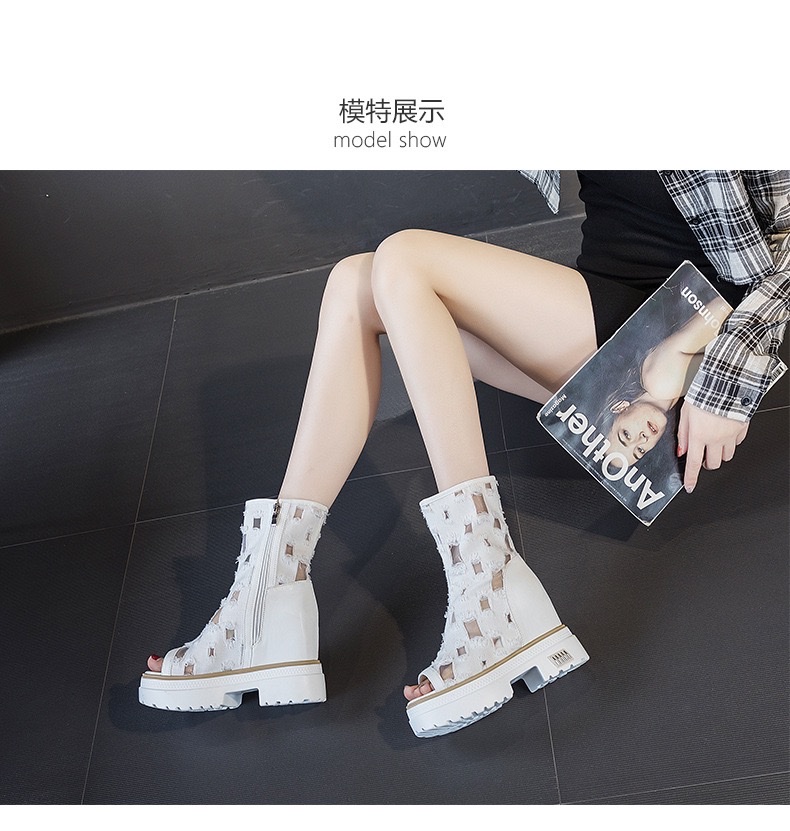 2026春新款牛仔布内增高透气凉靴鱼嘴短靴凉鞋女破洞厚底潮鞋详情图11