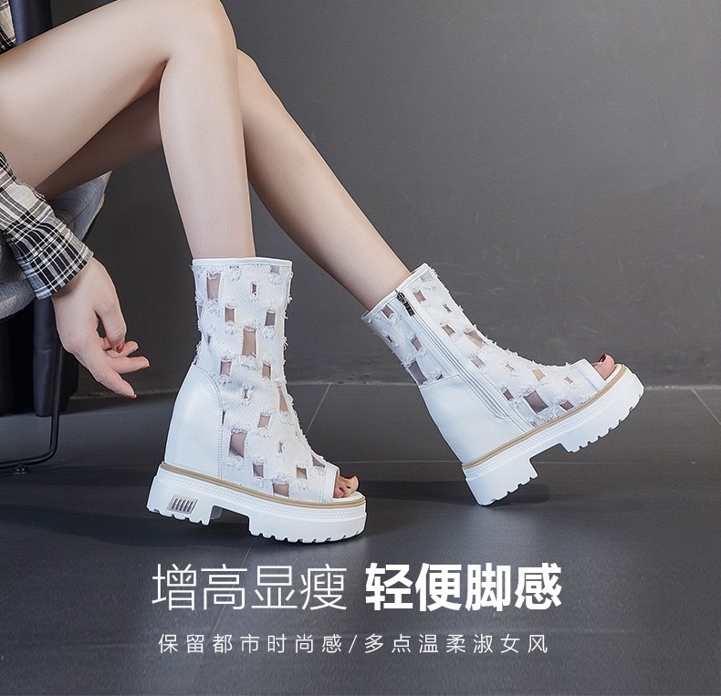 2026春新款牛仔布内增高透气凉靴鱼嘴短靴凉鞋女破洞厚底潮鞋详情图2