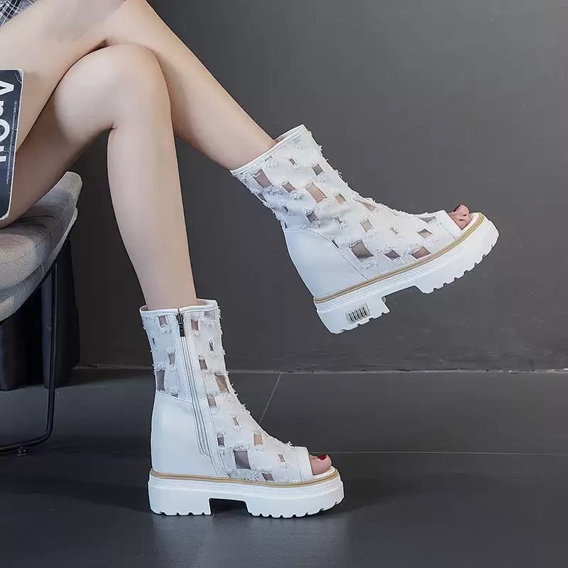 2026春新款牛仔布内增高透气凉靴鱼嘴短靴凉鞋女破洞厚底潮鞋产品图