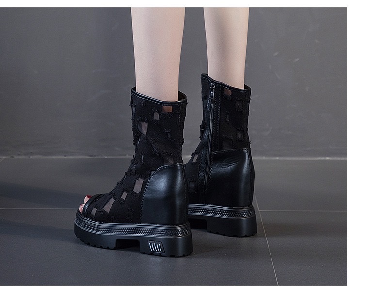 2026春新款牛仔布内增高透气凉靴鱼嘴短靴凉鞋女破洞厚底潮鞋白底实物图