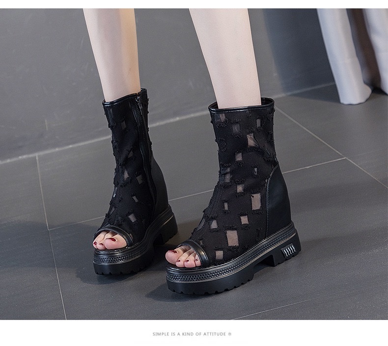 2026春新款牛仔布内增高透气凉靴鱼嘴短靴凉鞋女破洞厚底潮鞋详情图13