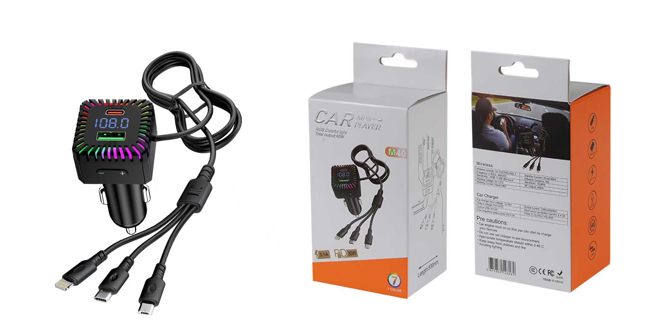 M40 car fast charging, USB12-24w seven-color ambient lighting. Specification image